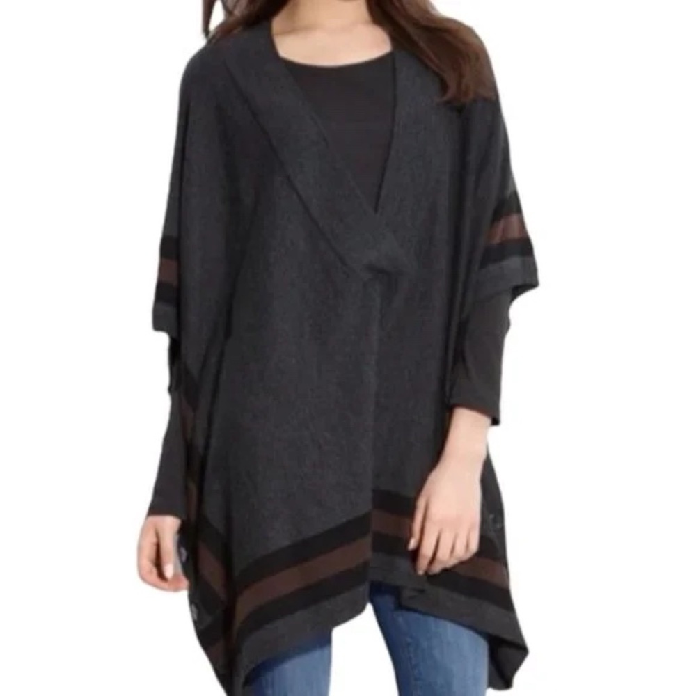 Hinge Charcoal Gray Striped V Neck Poncho Sweater XS Small